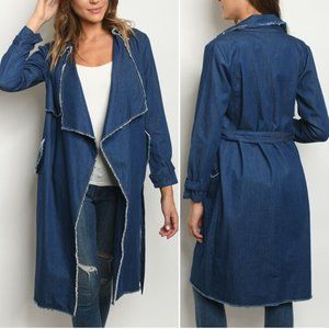 BLUE DENIM DISTRESSED TRENCH COAT